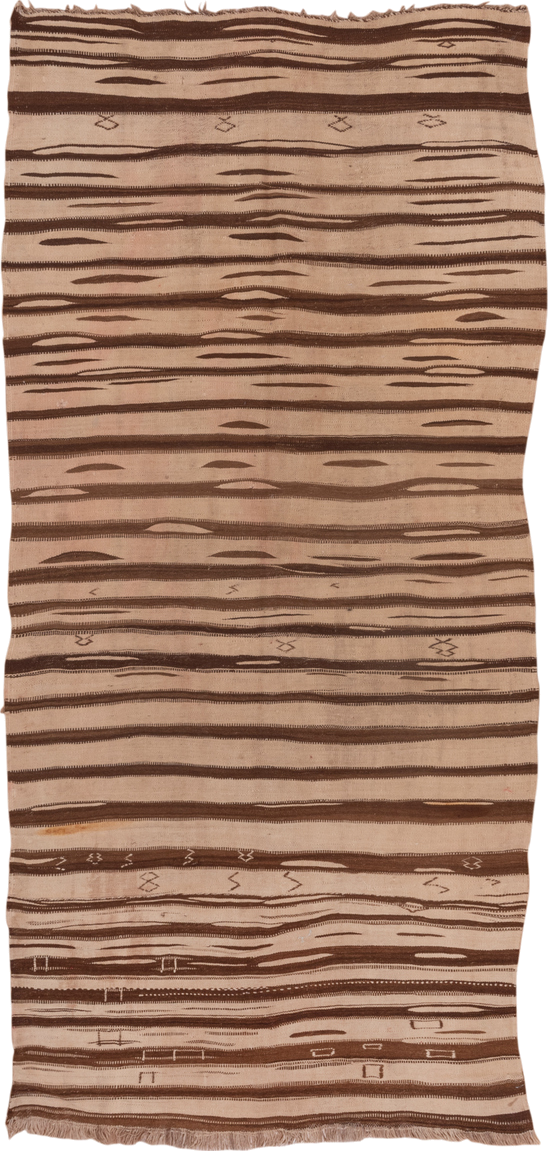 4' x 9' one-of-a-kind handmade vintage Kilim runner rug. Color palette: tan, brown, camel, taupe, ivory, beige, gray