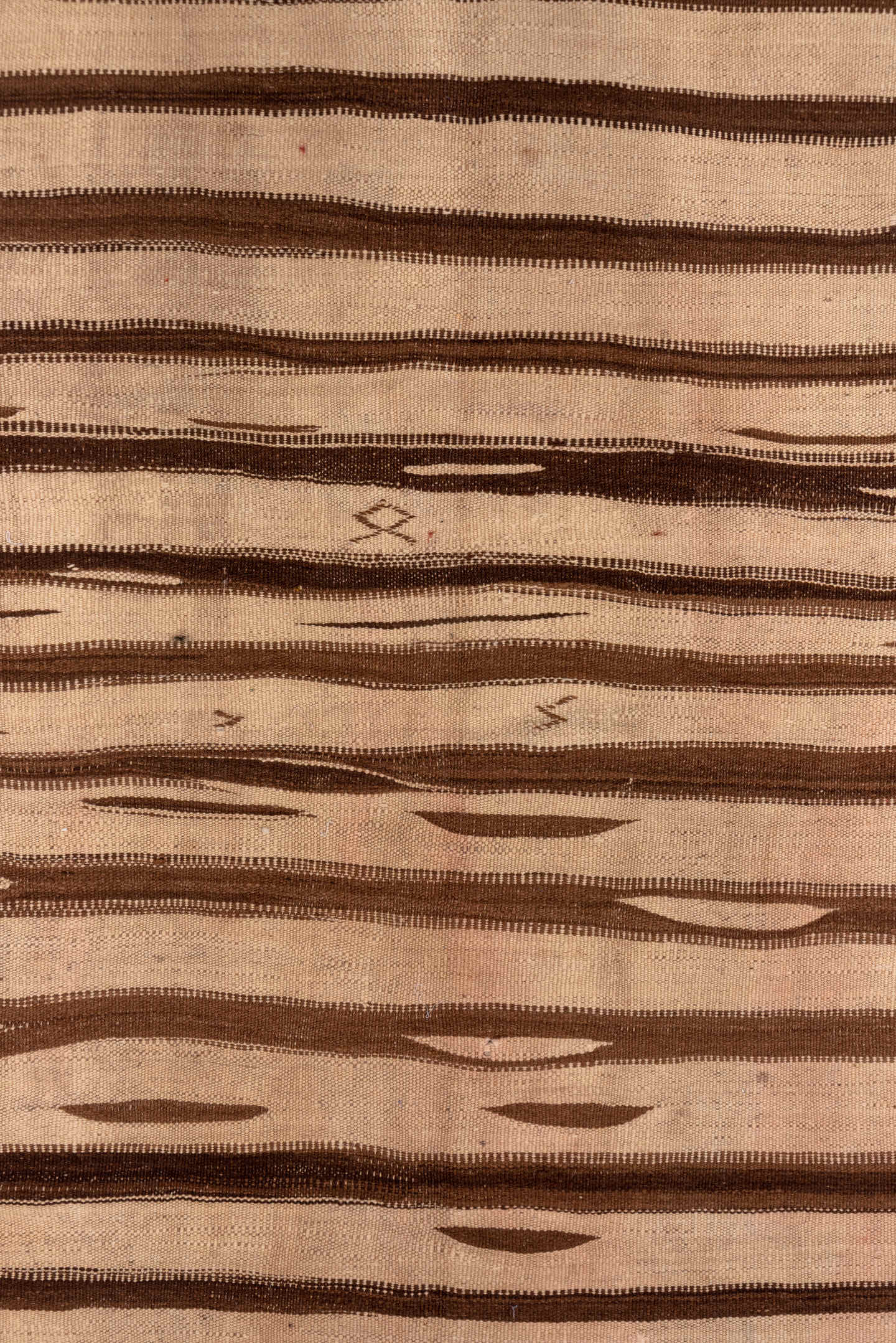 4' x 9' one-of-a-kind handmade vintage Kilim runner rug. Color palette: tan, brown, camel, taupe, ivory, beige, gray