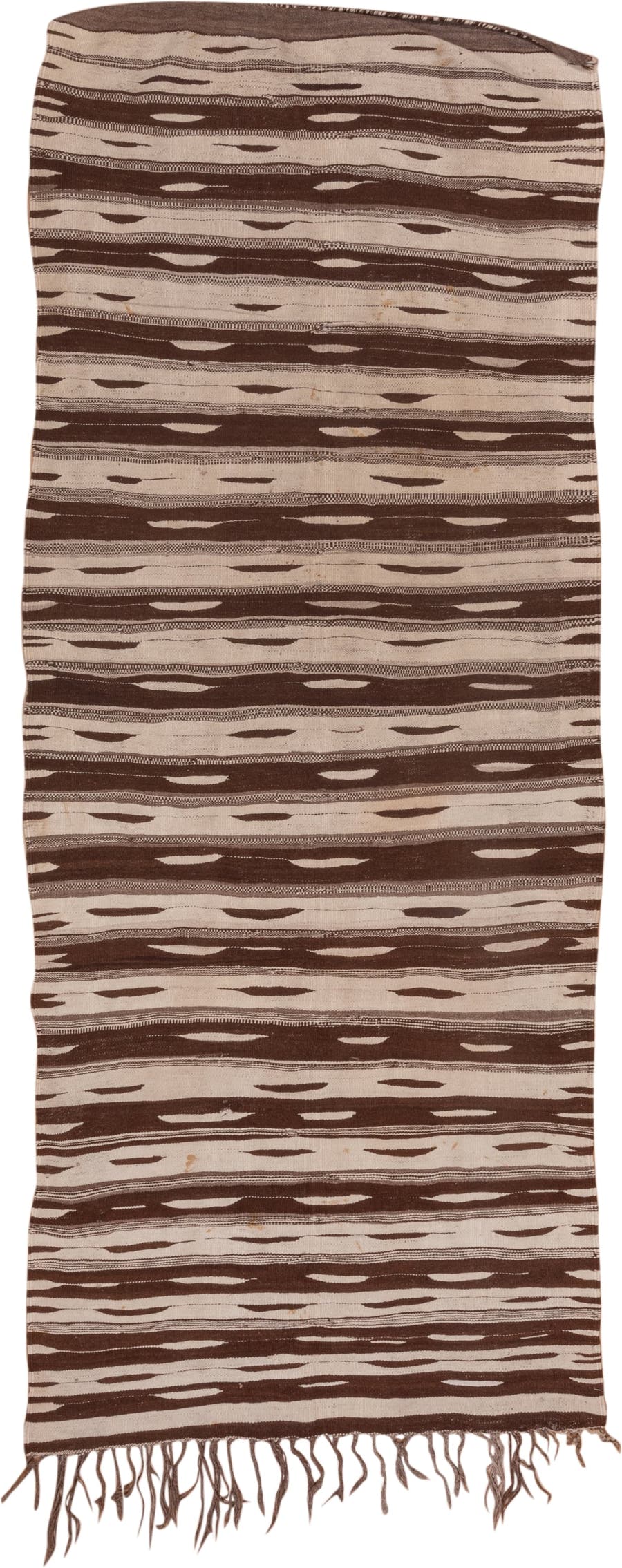 4' x 10' one-of-a-kind handmade vintage Kilim runner rug. Color palette: brown, ivory, taupe, beige, gray