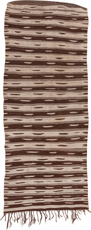 4' x 10' one-of-a-kind handmade vintage Kilim runner rug. Color palette: brown, ivory, taupe, beige, gray