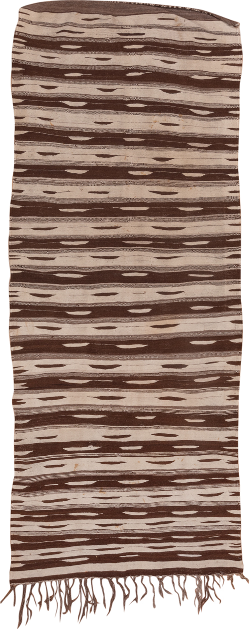 4' x 10' one-of-a-kind handmade vintage Kilim runner rug. Color palette: brown, ivory, taupe, beige, gray