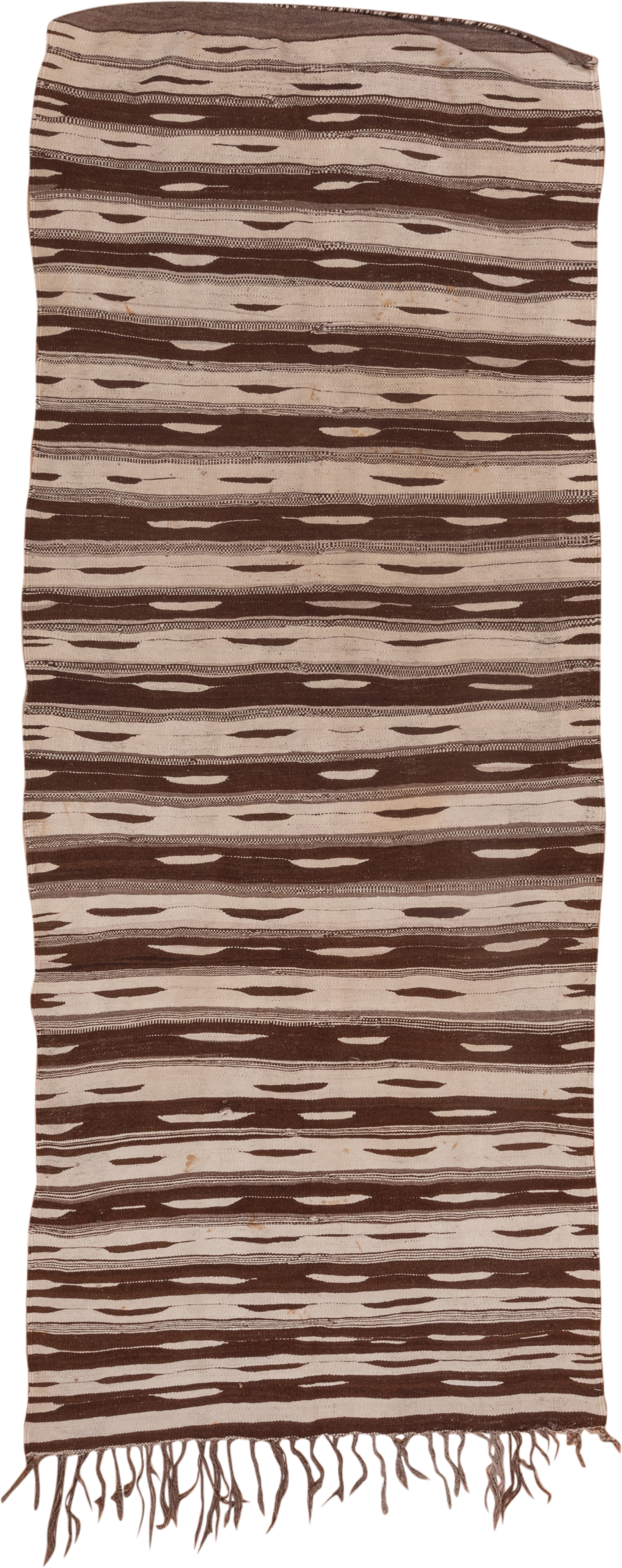 4' x 10' one-of-a-kind handmade vintage Kilim runner rug. Color palette: brown, ivory, taupe, beige, gray