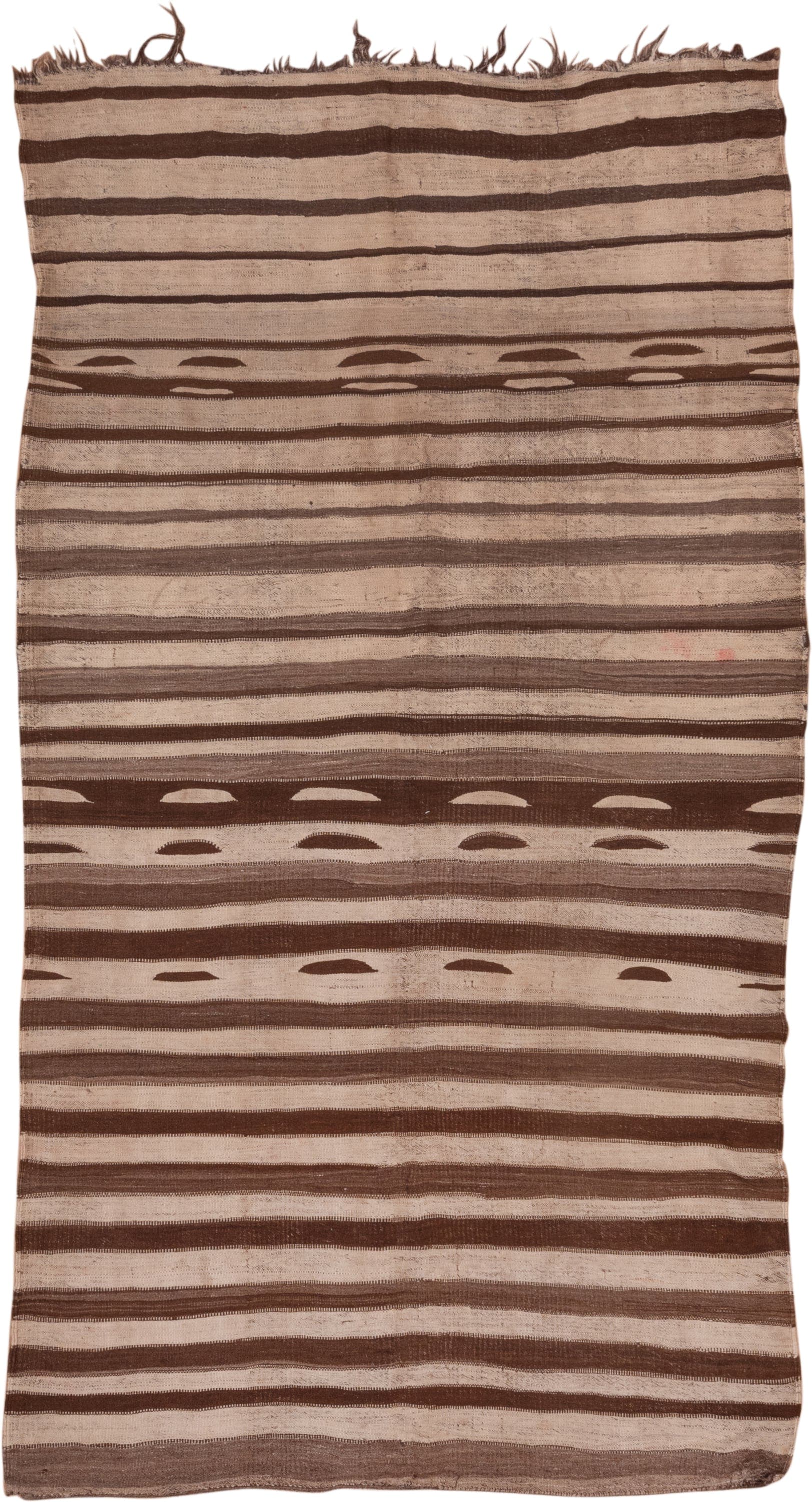 5' x 11' one-of-a-kind handmade vintage Kilim runner rug. Color palette: brown, beige, taupe, camel, ivory, gray