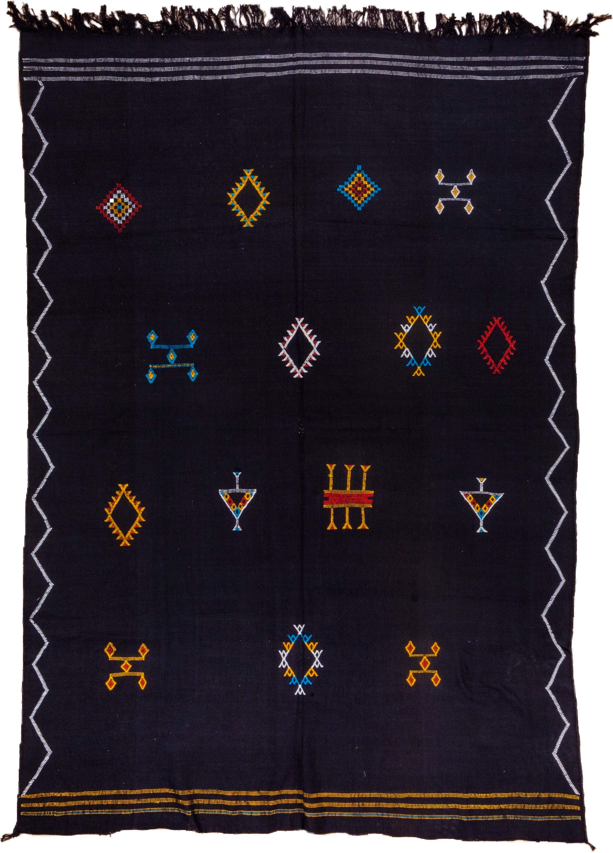 6' x 8' one-of-a-kind handmade vintage Cactus Kilim medium size rug. Color palette: black, ivory, gold, turquoise, crimson