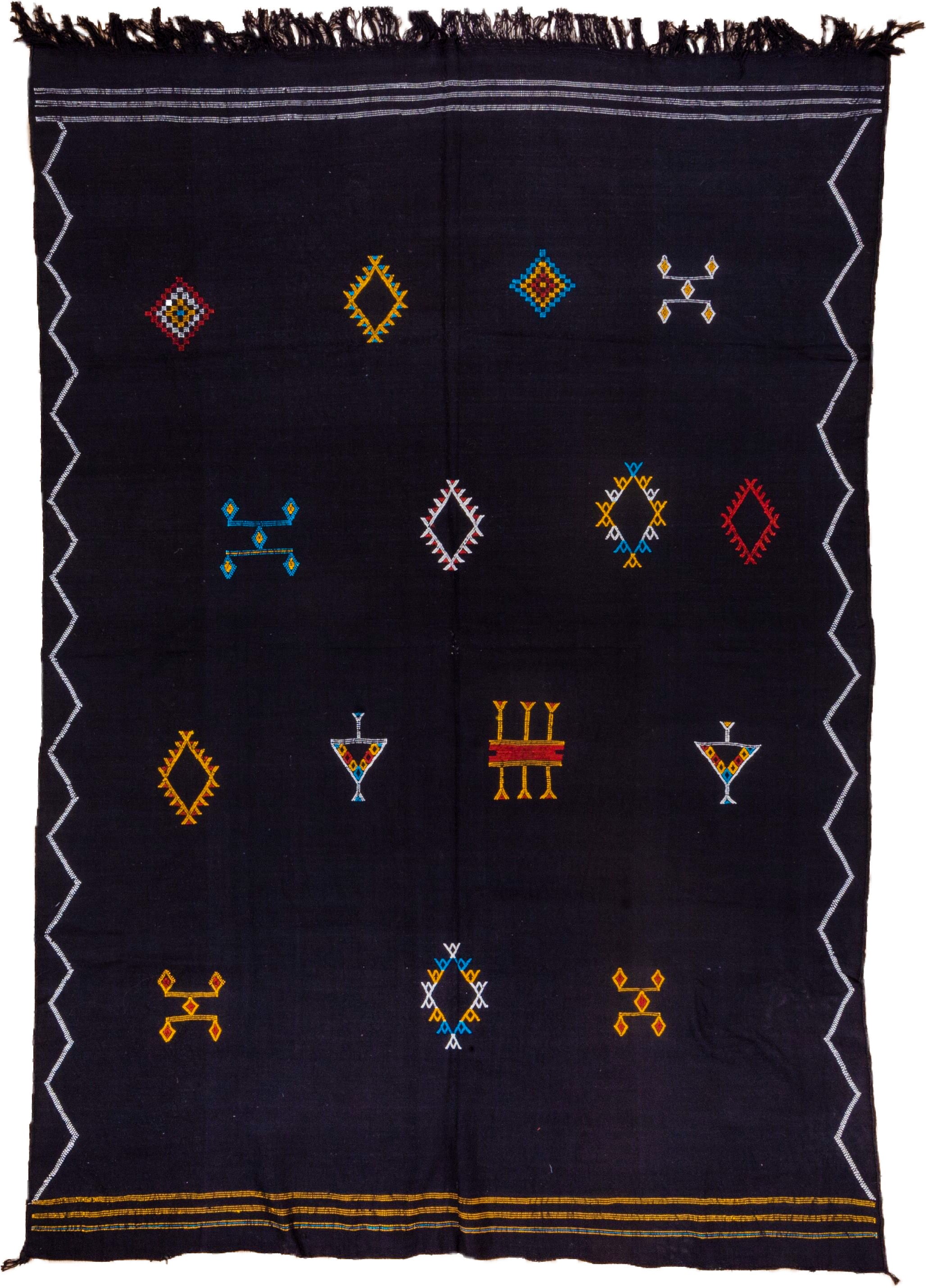 6' x 8' one-of-a-kind handmade vintage Cactus Kilim medium size rug. Color palette: black, ivory, gold, turquoise, crimson