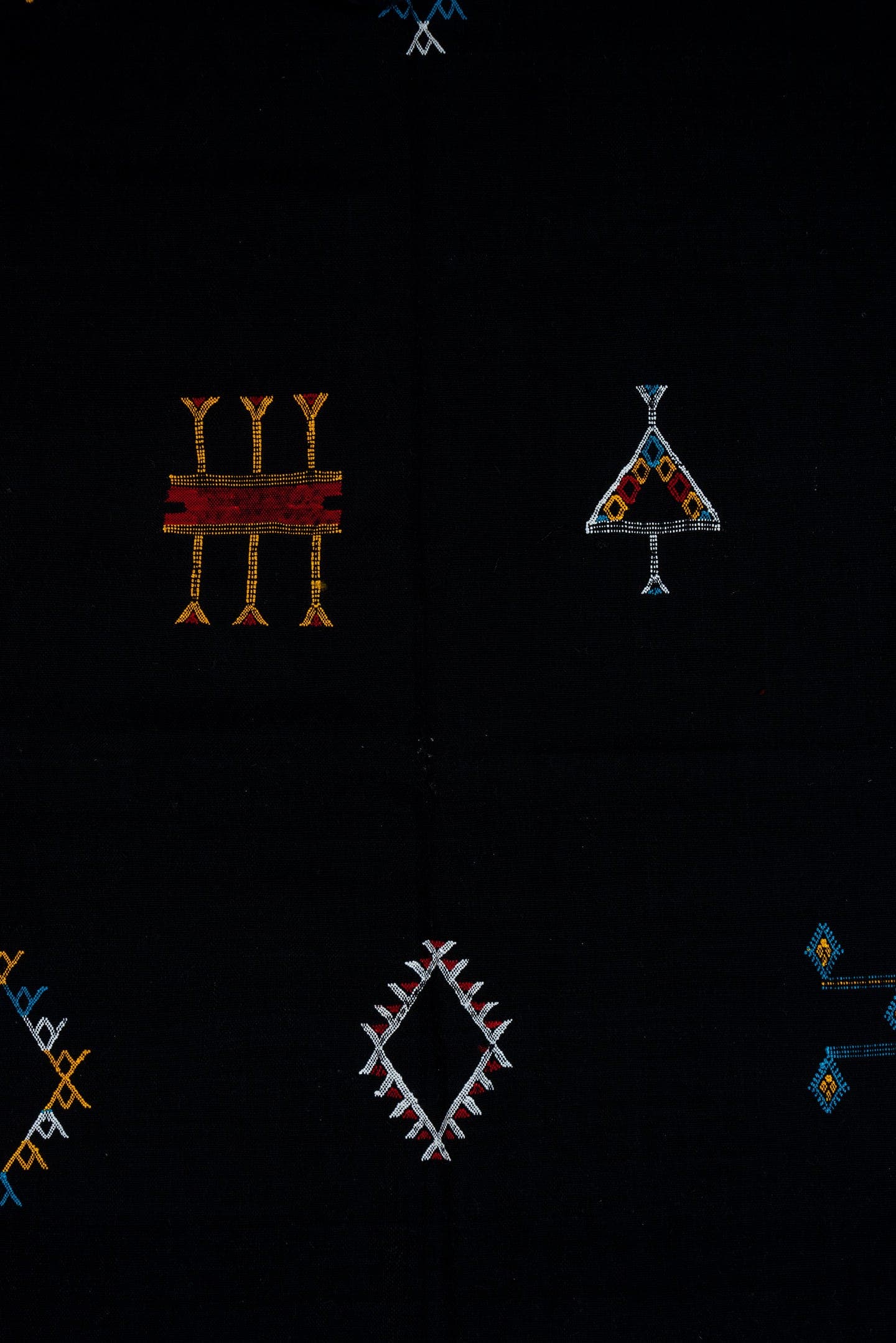 6' x 8' one-of-a-kind handmade vintage Cactus Kilim medium size rug. Color palette: black, ivory, gold, turquoise, crimson