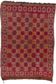 4' x 6' one-of-a-kind handmade vintage Moroccan small size rug. Color palette: rose, magenta, rust, ivory, saffron, brown