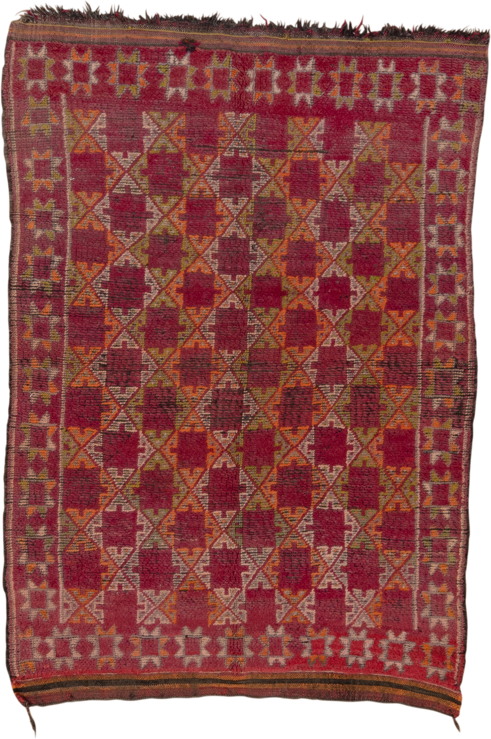 4' x 6' one-of-a-kind handmade vintage Moroccan small size rug. Color palette: rose, magenta, rust, ivory, saffron, brown