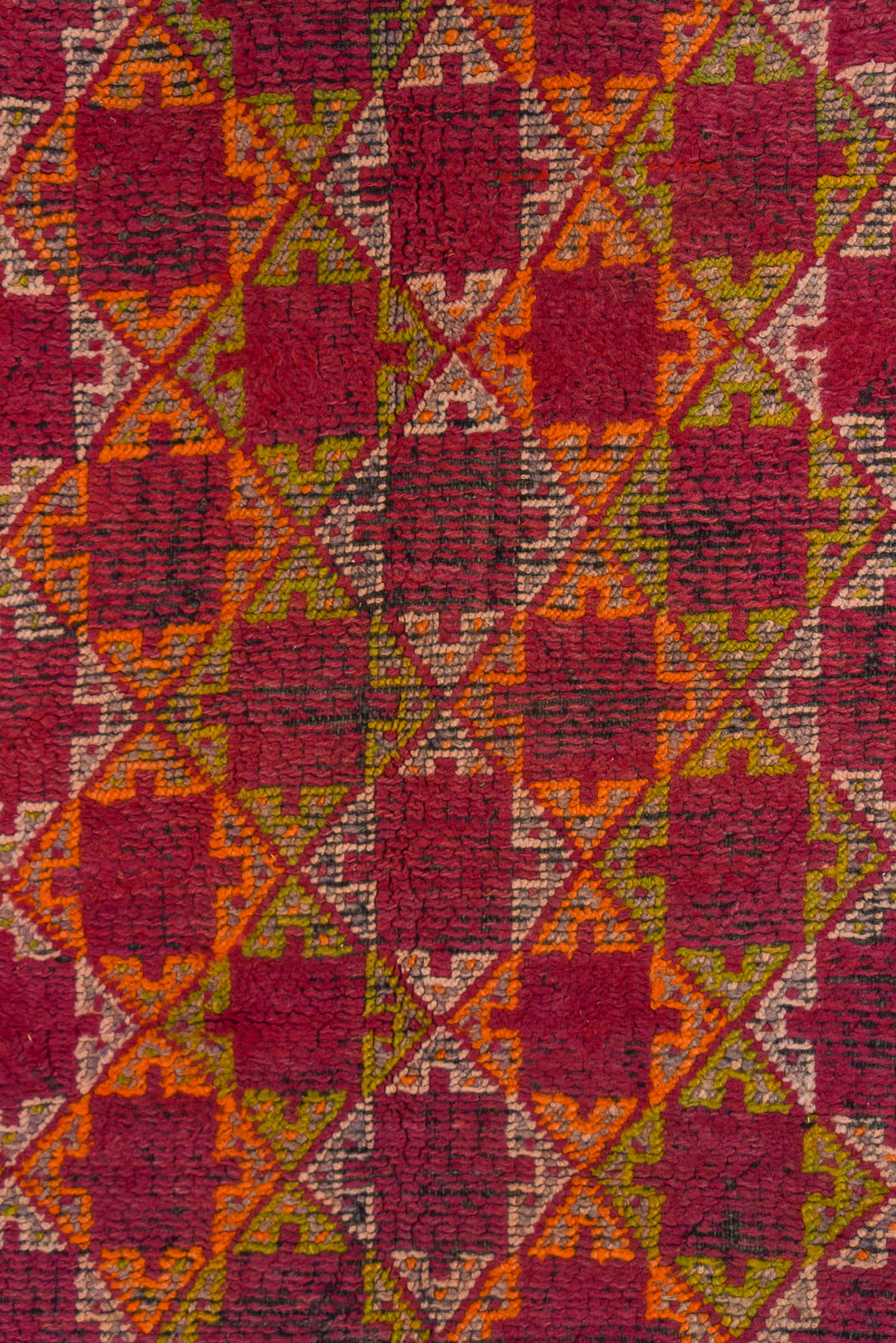 4' x 6' one-of-a-kind handmade vintage Moroccan small size rug. Color palette: rose, magenta, rust, ivory, saffron, brown