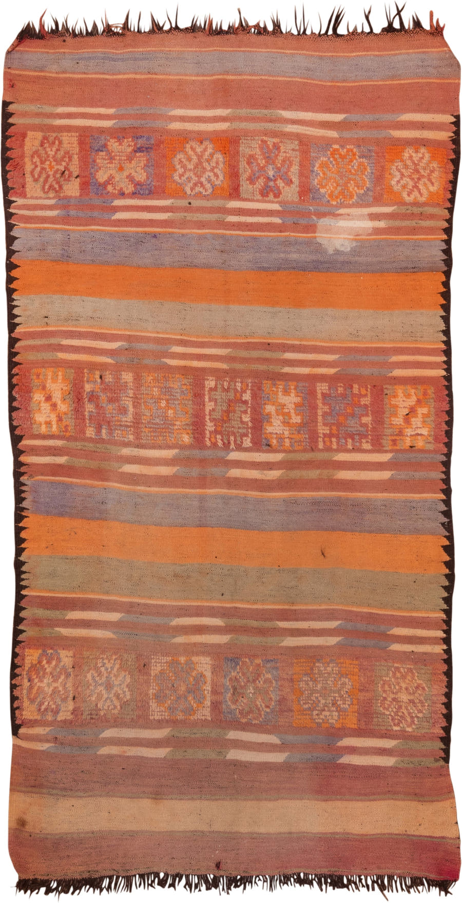 6' x 11' one-of-a-kind handmade vintage Moroccan large size rug. Color palette: terra cotta, rose, lavender, taupe, rust