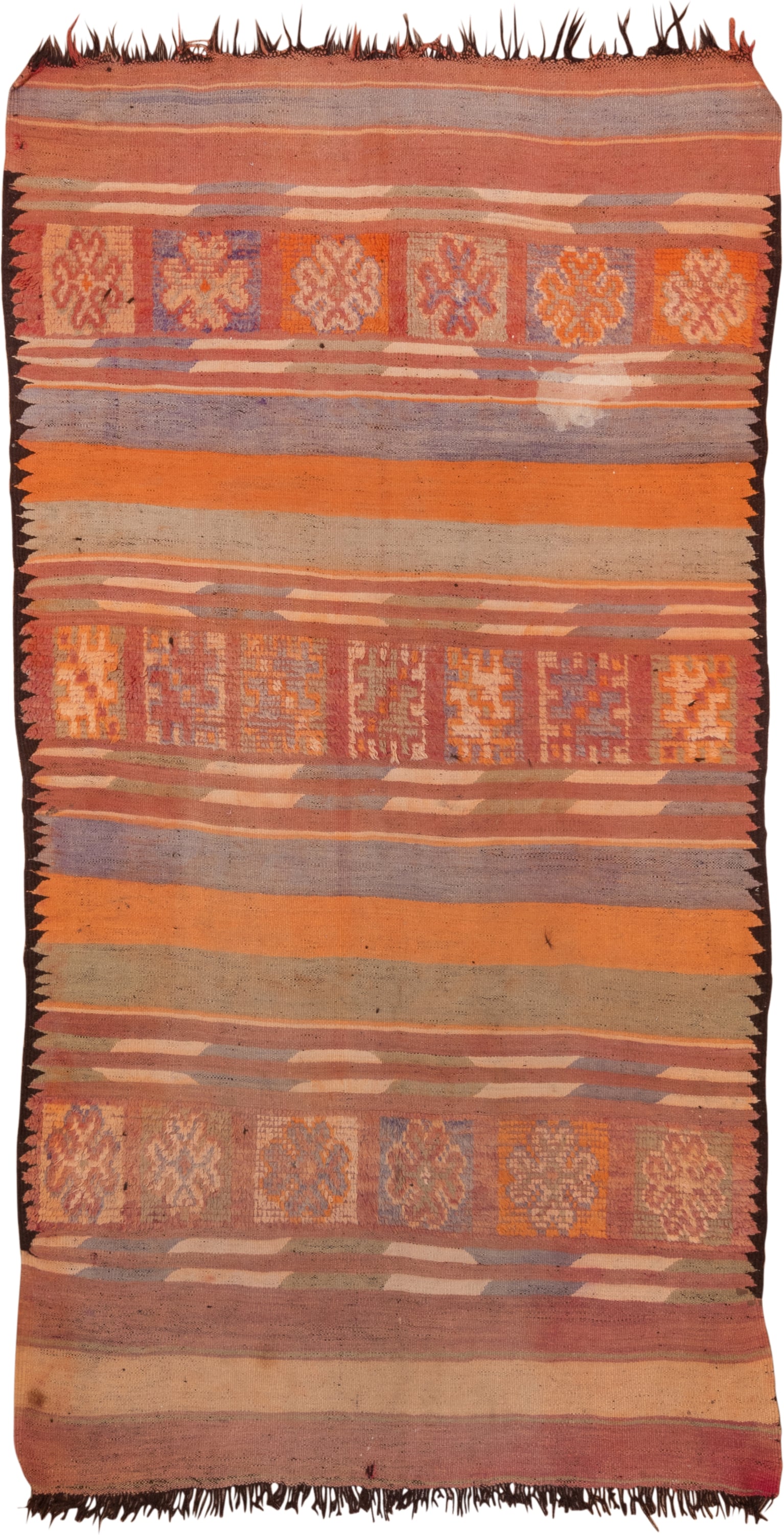 6' x 11' one-of-a-kind handmade vintage Moroccan large size rug. Color palette: terra cotta, rose, lavender, taupe, rust