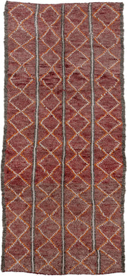 4' x 10' one-of-a-kind handmade vintage Moroccan runner rug. Color palette: rose, mauve, charcoal, ivory, saffron, taupe