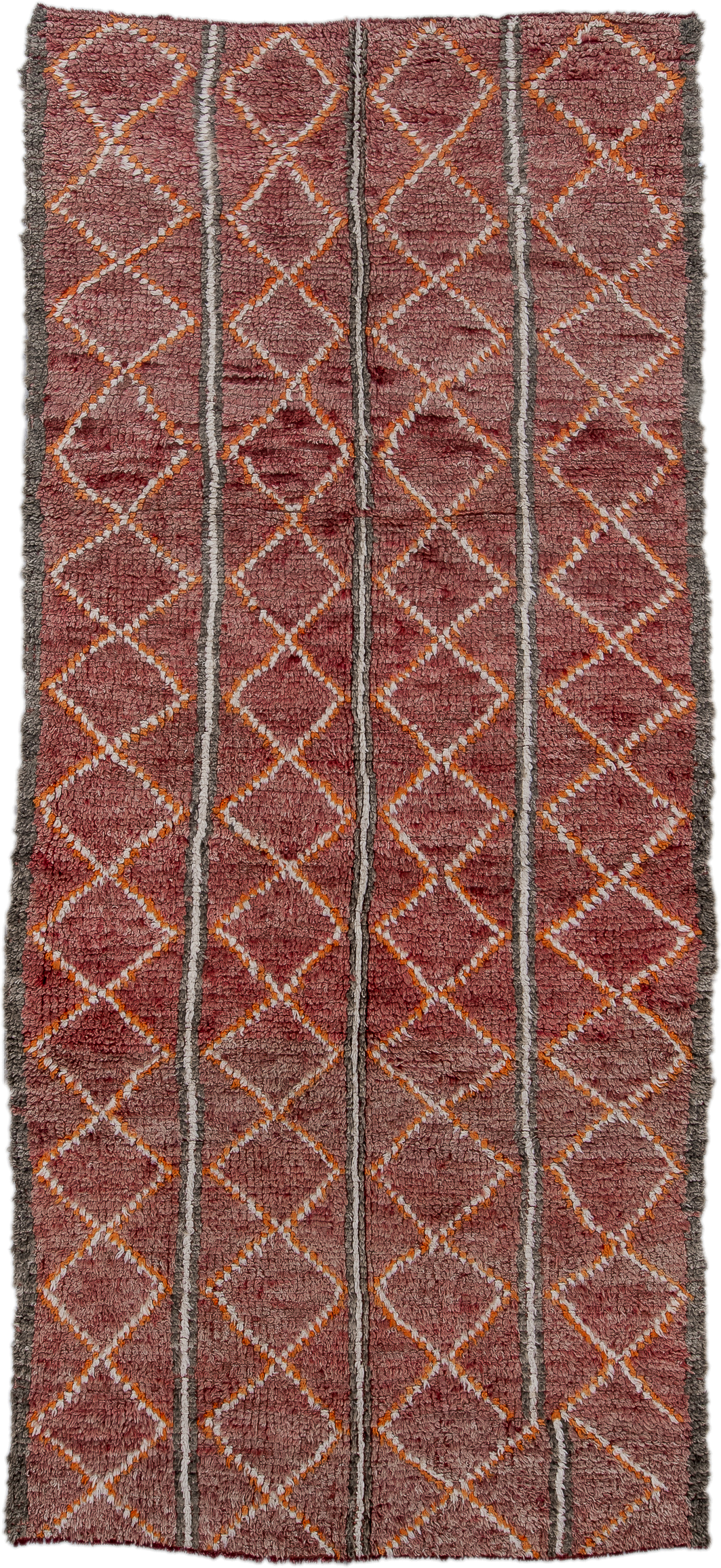 4' x 10' one-of-a-kind handmade vintage Moroccan runner rug. Color palette: rose, mauve, charcoal, ivory, saffron, taupe