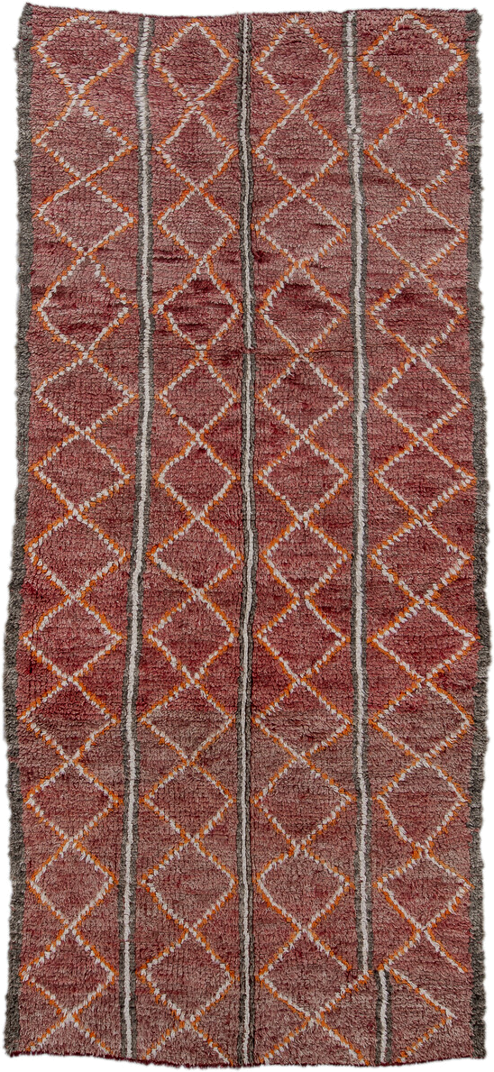 4' x 10' one-of-a-kind handmade vintage Moroccan runner rug. Color palette: rose, mauve, charcoal, ivory, saffron, taupe