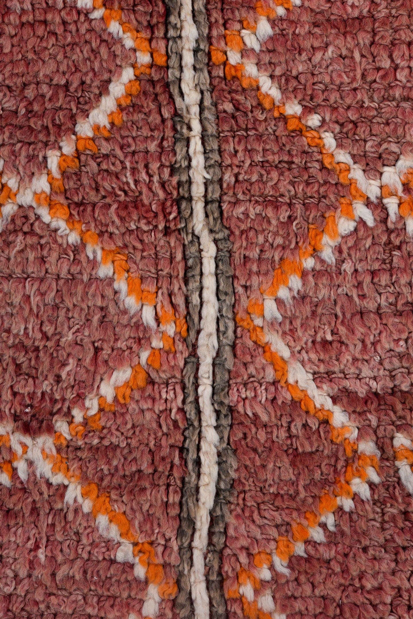 4' x 10' one-of-a-kind handmade vintage Moroccan runner rug. Color palette: rose, mauve, charcoal, ivory, saffron, taupe
