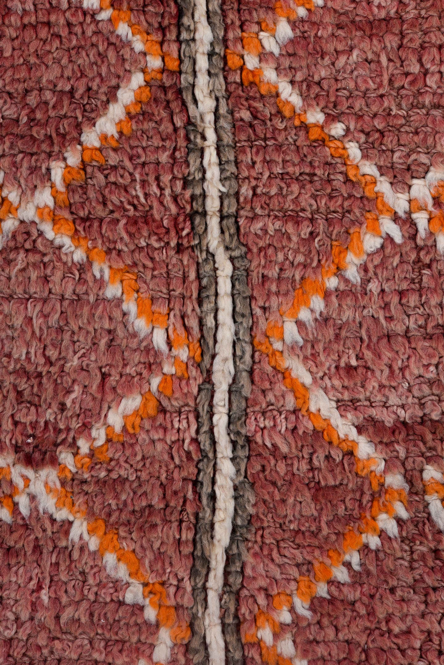 4' x 10' one-of-a-kind handmade vintage Moroccan runner rug. Color palette: rose, mauve, charcoal, ivory, saffron, taupe