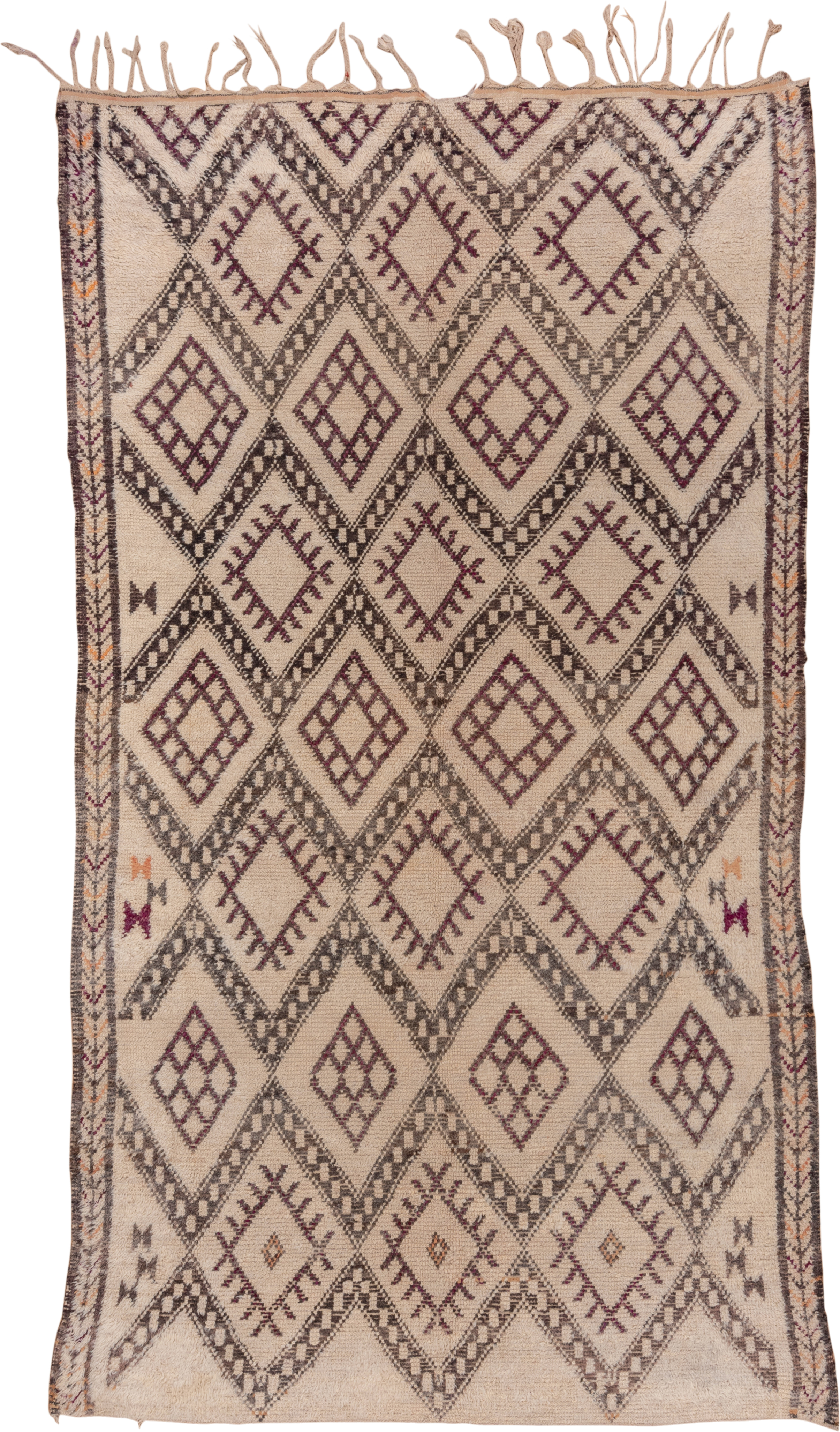 6' x 11' one-of-a-kind handmade vintage Moroccan large size rug. Color palette: ivory, charcoal, plum, taupe, saffron, gray