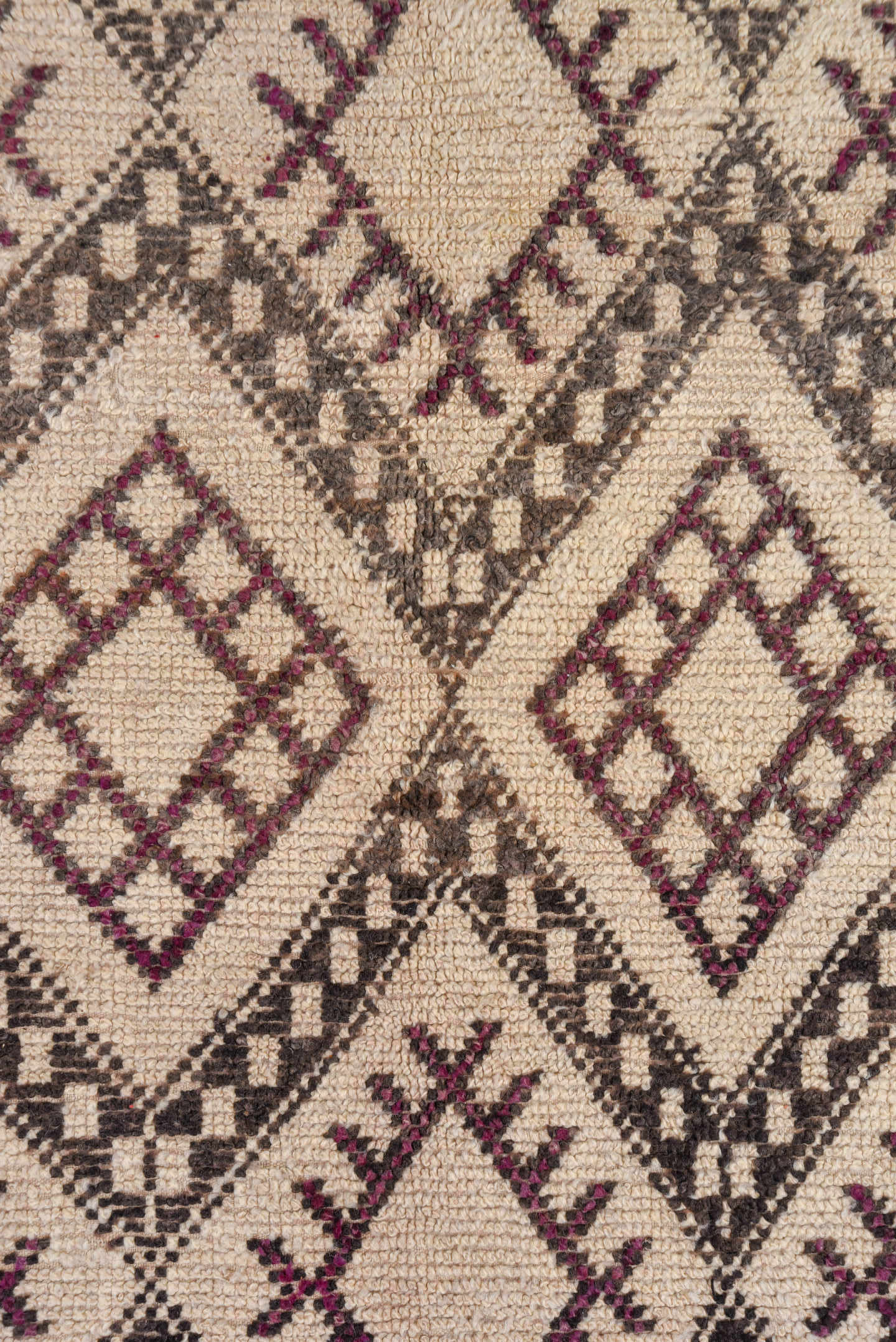 6' x 11' one-of-a-kind handmade vintage Moroccan large size rug. Color palette: ivory, charcoal, plum, taupe, saffron, gray