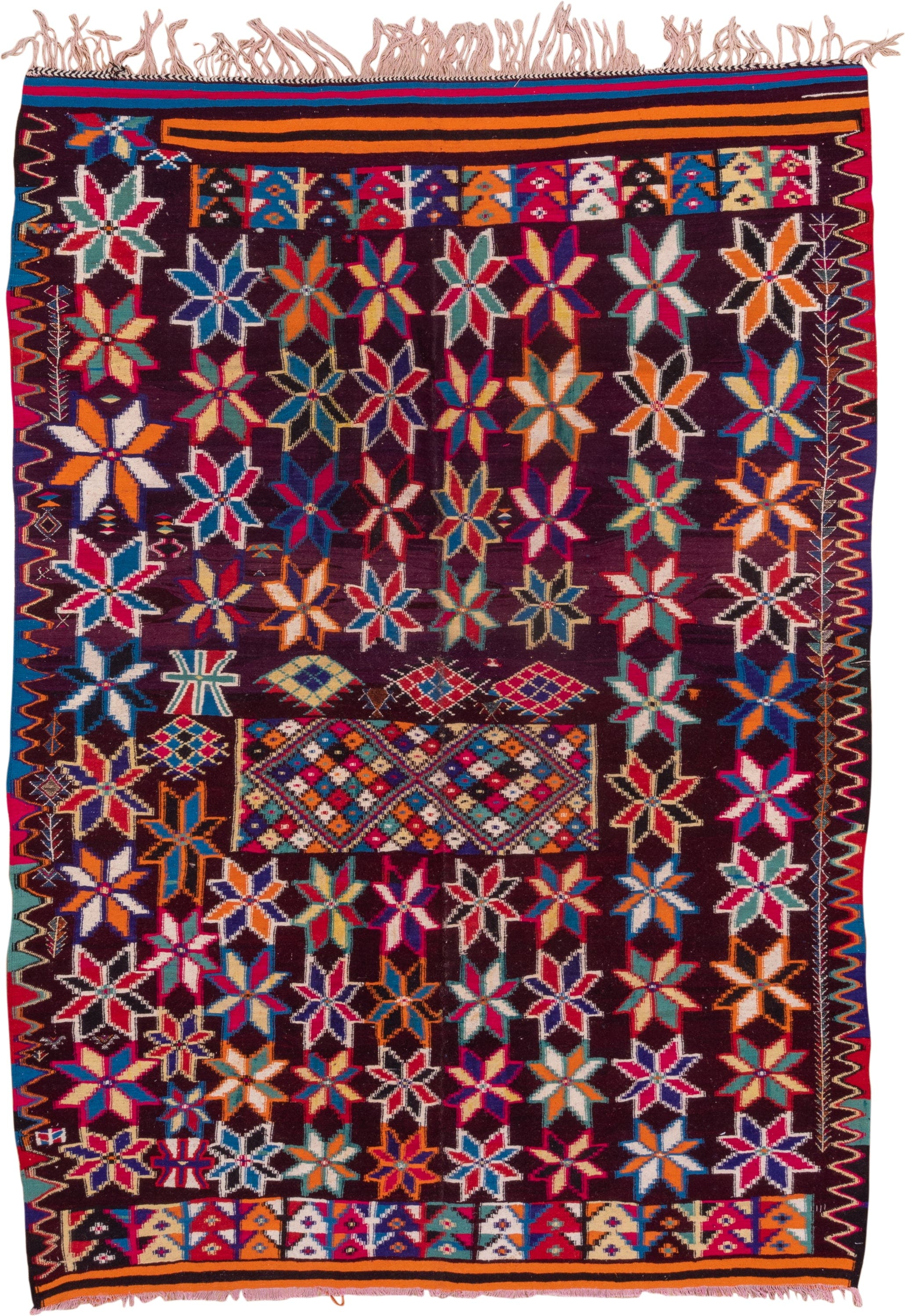 7' x 10' one-of-a-kind handmade vintage Kilim large size rug. Color palette: plum, crimson, orange, ivory, turquoise, cobalt