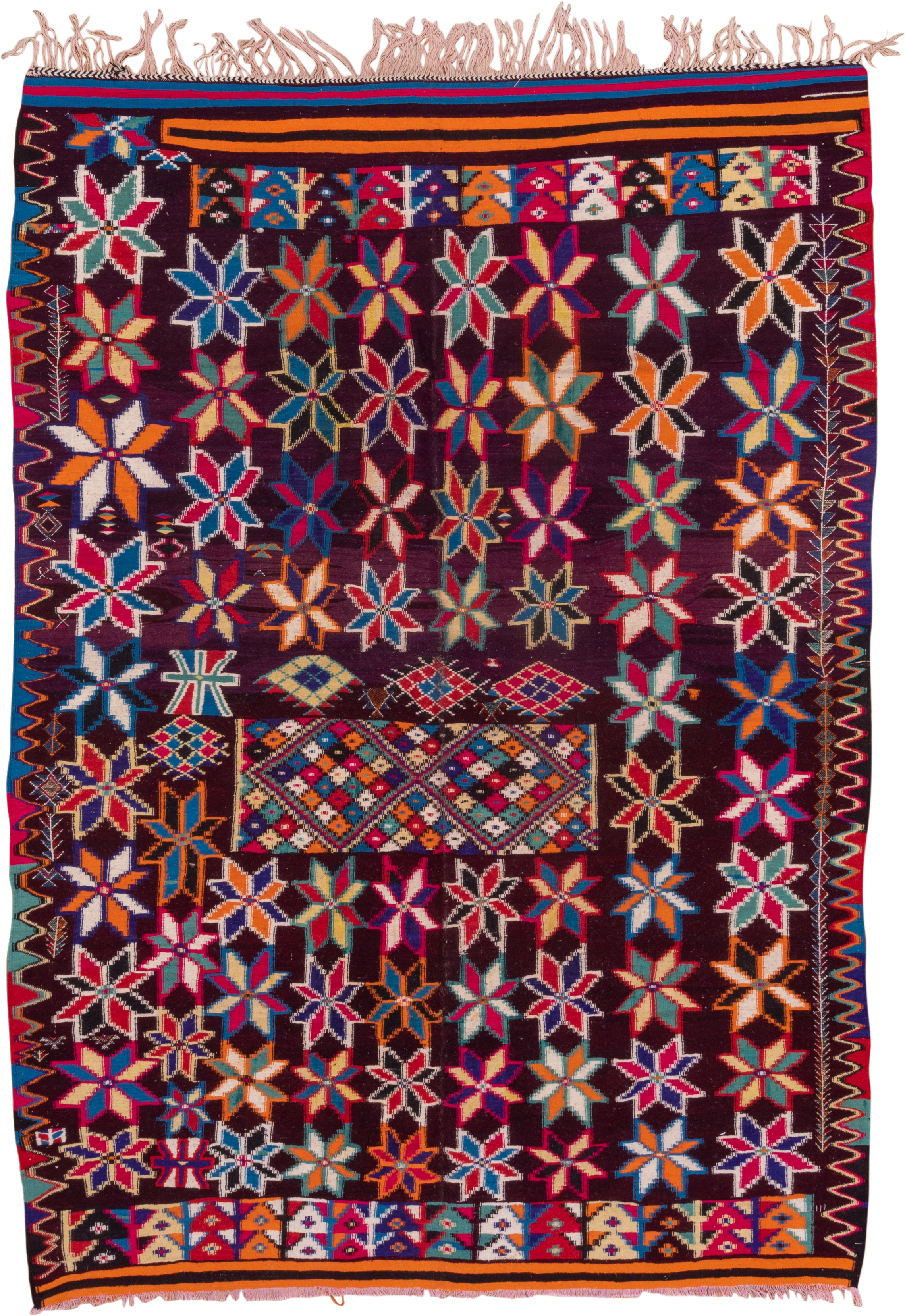 7' x 10' one-of-a-kind handmade vintage Kilim large size rug. Color palette: plum, crimson, orange, ivory, turquoise, cobalt