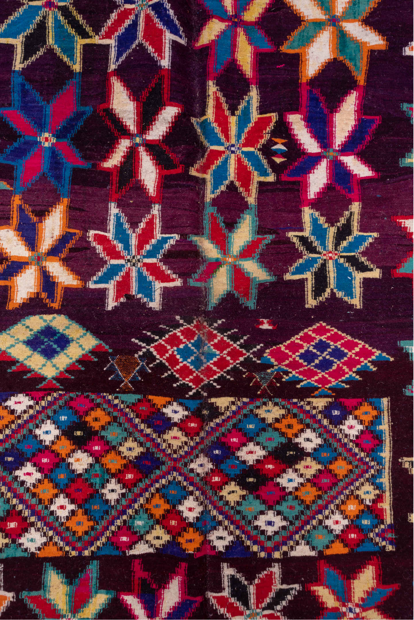 7' x 10' one-of-a-kind handmade vintage Kilim large size rug. Color palette: plum, crimson, orange, ivory, turquoise, cobalt