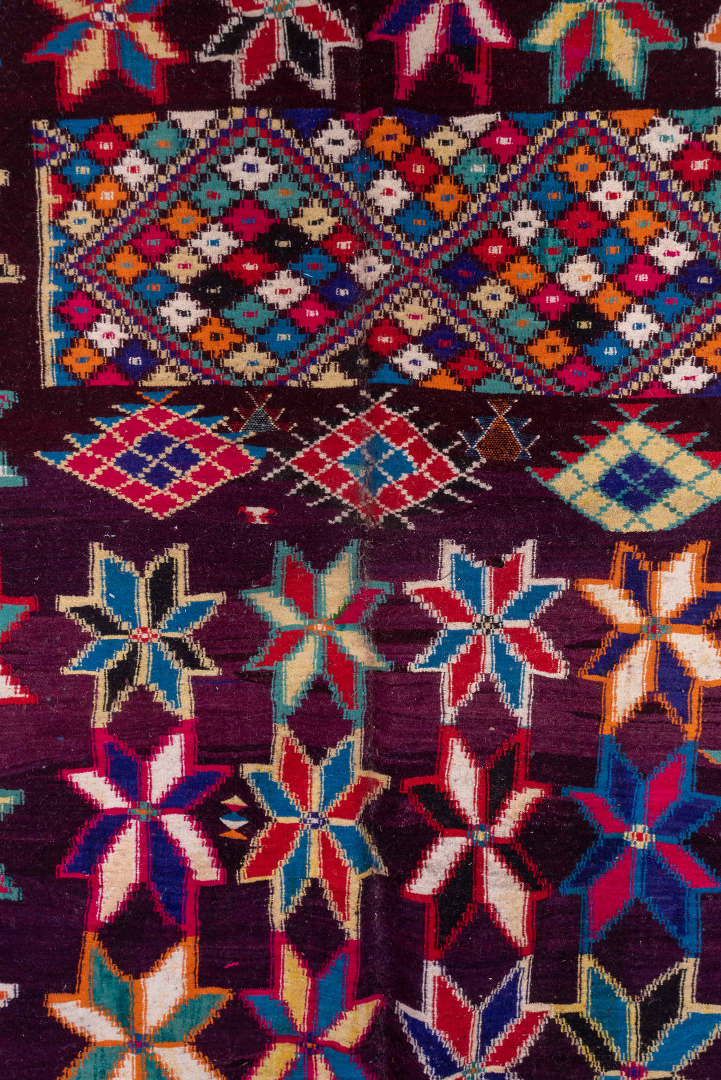 7' x 10' one-of-a-kind handmade vintage Kilim large size rug. Color palette: plum, crimson, orange, ivory, turquoise, cobalt