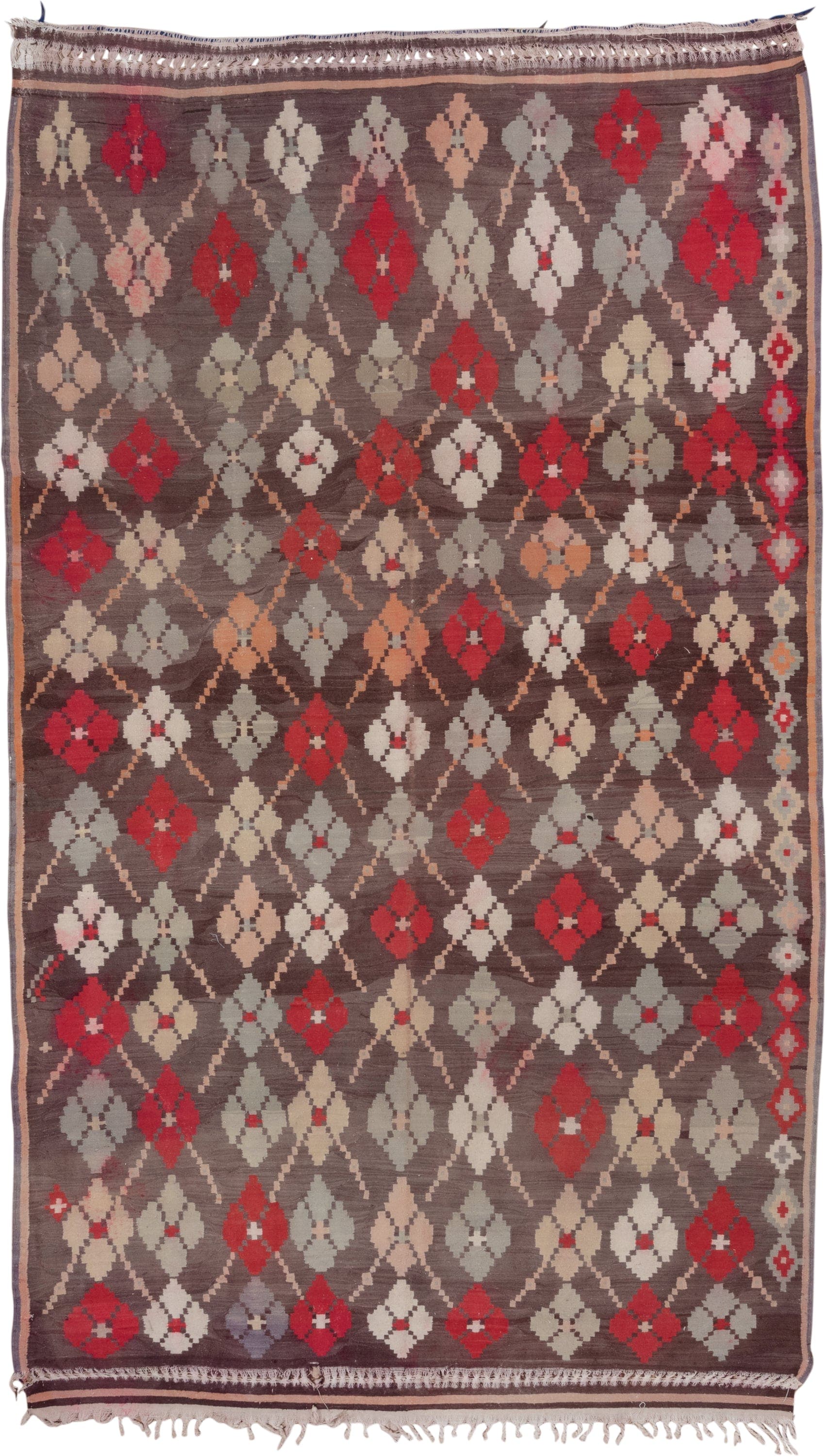 7' x 11' one-of-a-kind handmade vintage Kilim large size rug. Color palette: brown, red, ivory, gray, blush, taupe, pink