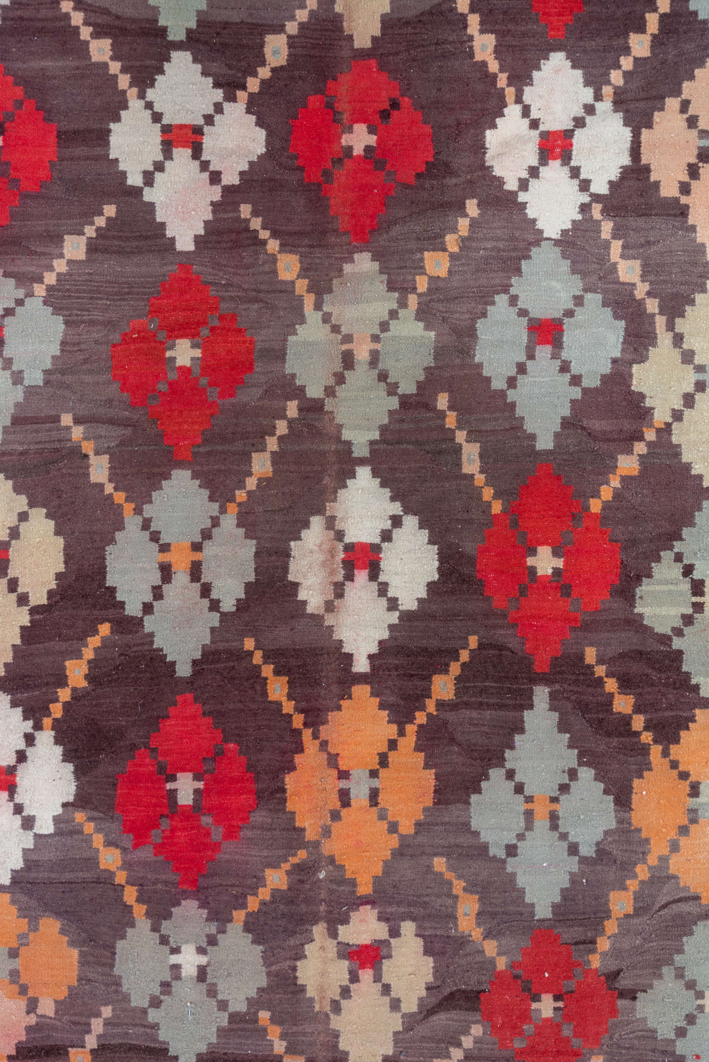 7' x 11' one-of-a-kind handmade vintage Kilim large size rug. Color palette: brown, red, ivory, gray, blush, taupe, pink
