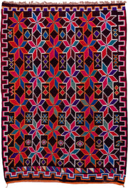 7' x 10' one-of-a-kind handmade vintage Kilim large size rug. Color palette: magenta, ebony, orange, ivory, cobalt