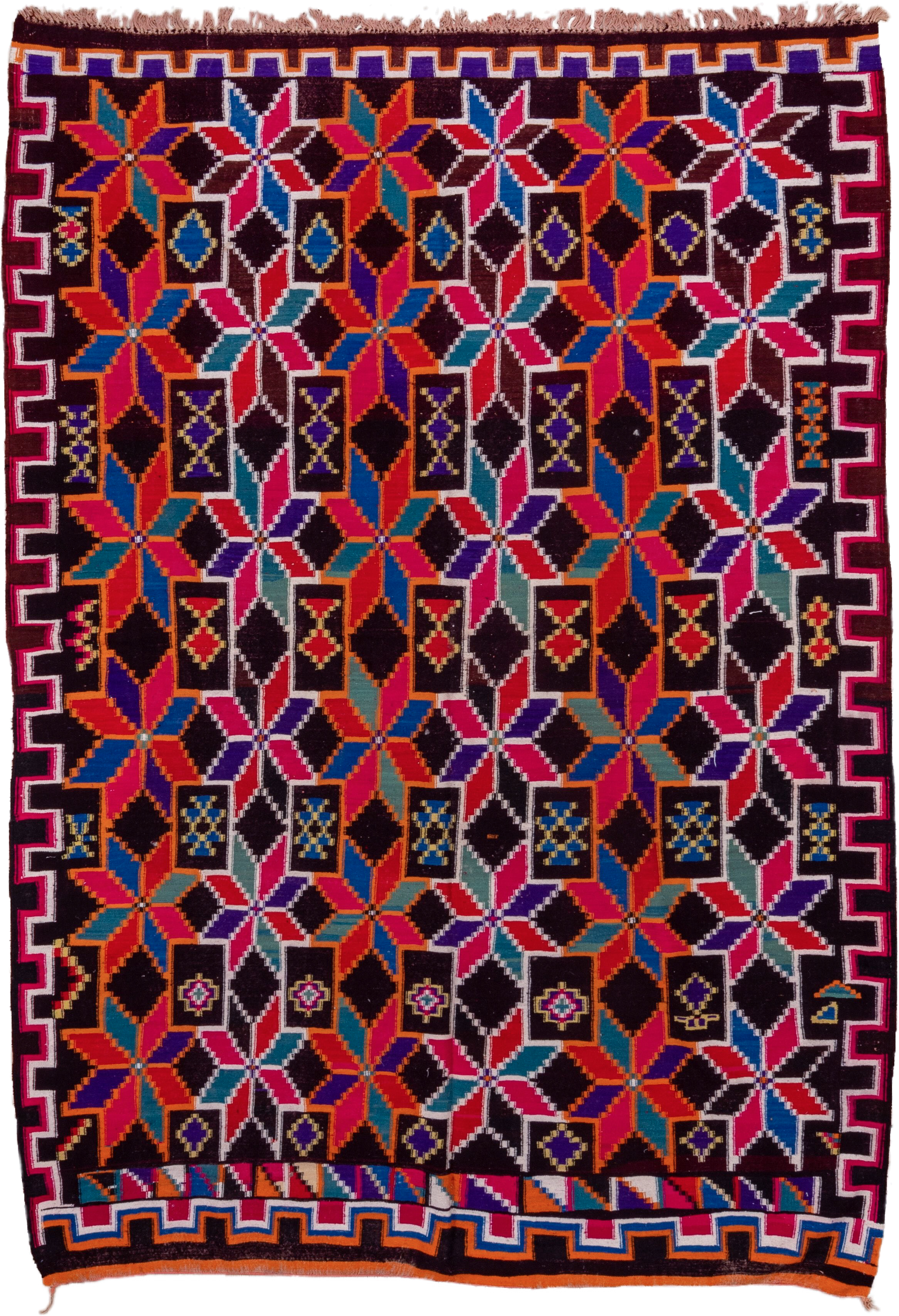 7' x 10' one-of-a-kind handmade vintage Kilim large size rug. Color palette: magenta, ebony, orange, ivory, cobalt
