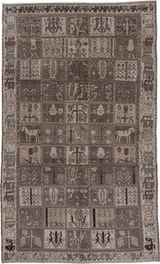 5' x 9' one-of-a-kind handmade antique Baktiary medium size rug. Color palette: taupe, brown, ivory, charcoal, camel, beige