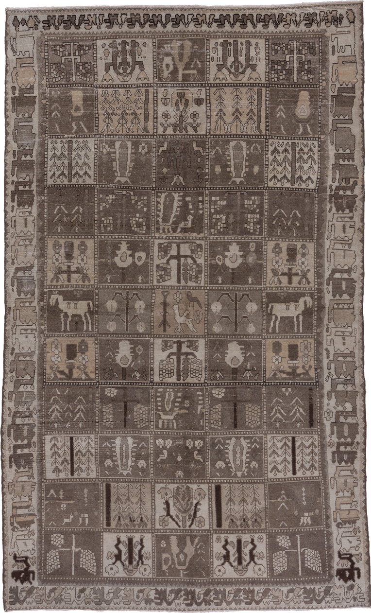 5' x 9' one-of-a-kind handmade antique Baktiary medium size rug. Color palette: taupe, brown, ivory, charcoal, camel, beige