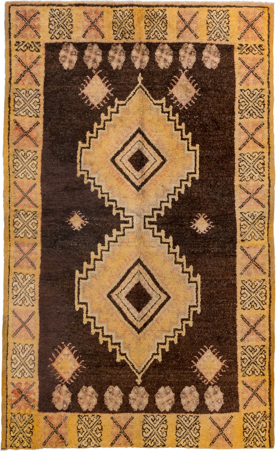 4' x 7' one-of-a-kind handmade vintage Moroccan rug. Color palette: brown, gold, camel, ivory, blush, charcoal, beige, pink