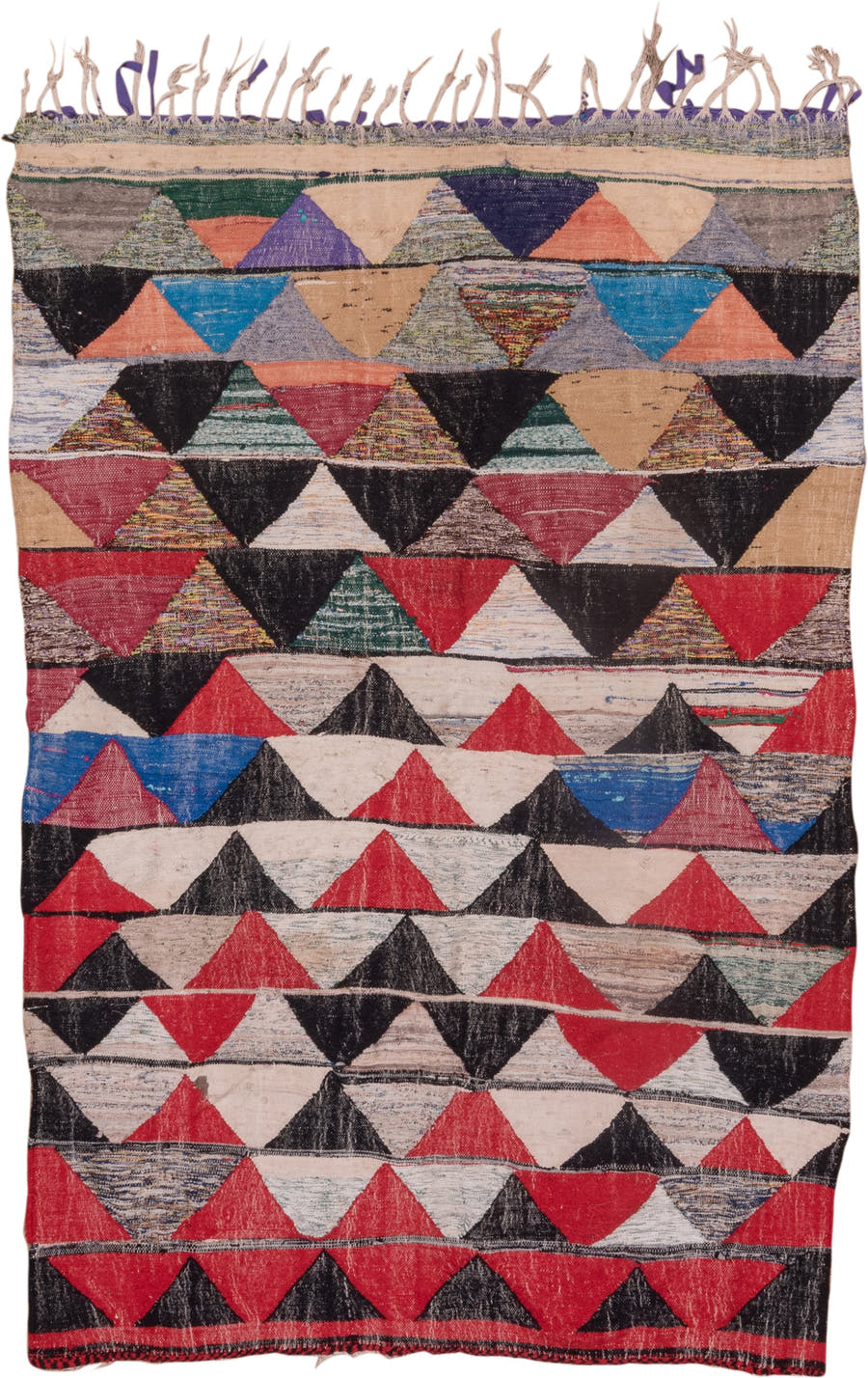 5' x 8' one-of-a-kind handmade vintage Rag Rug medium size rug. Color palette: crimson, ivory, black, blush, cobalt, taupe