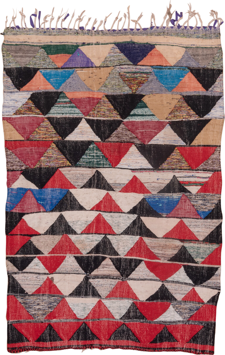 5' x 8' one-of-a-kind handmade vintage Rag Rug medium size rug. Color palette: crimson, ivory, black, blush, cobalt, taupe