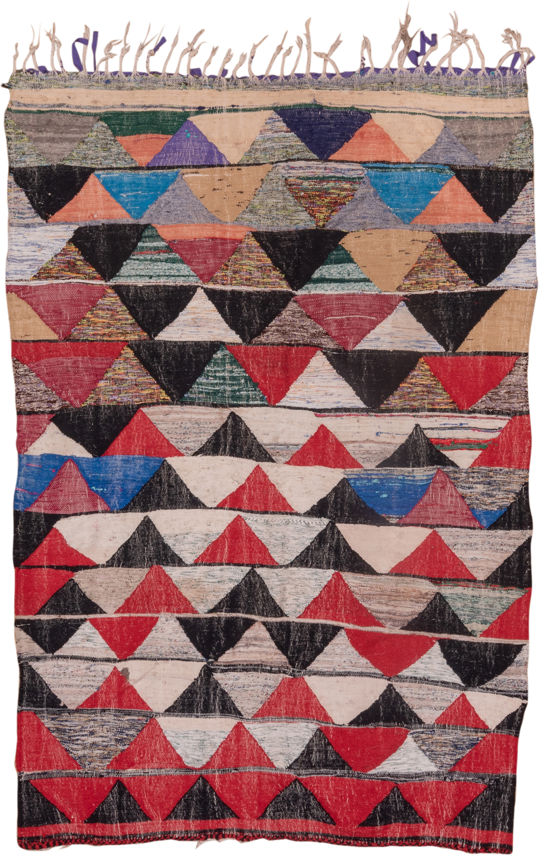 5' x 8' one-of-a-kind handmade vintage Rag Rug medium size rug. Color palette: crimson, ivory, black, blush, cobalt, taupe