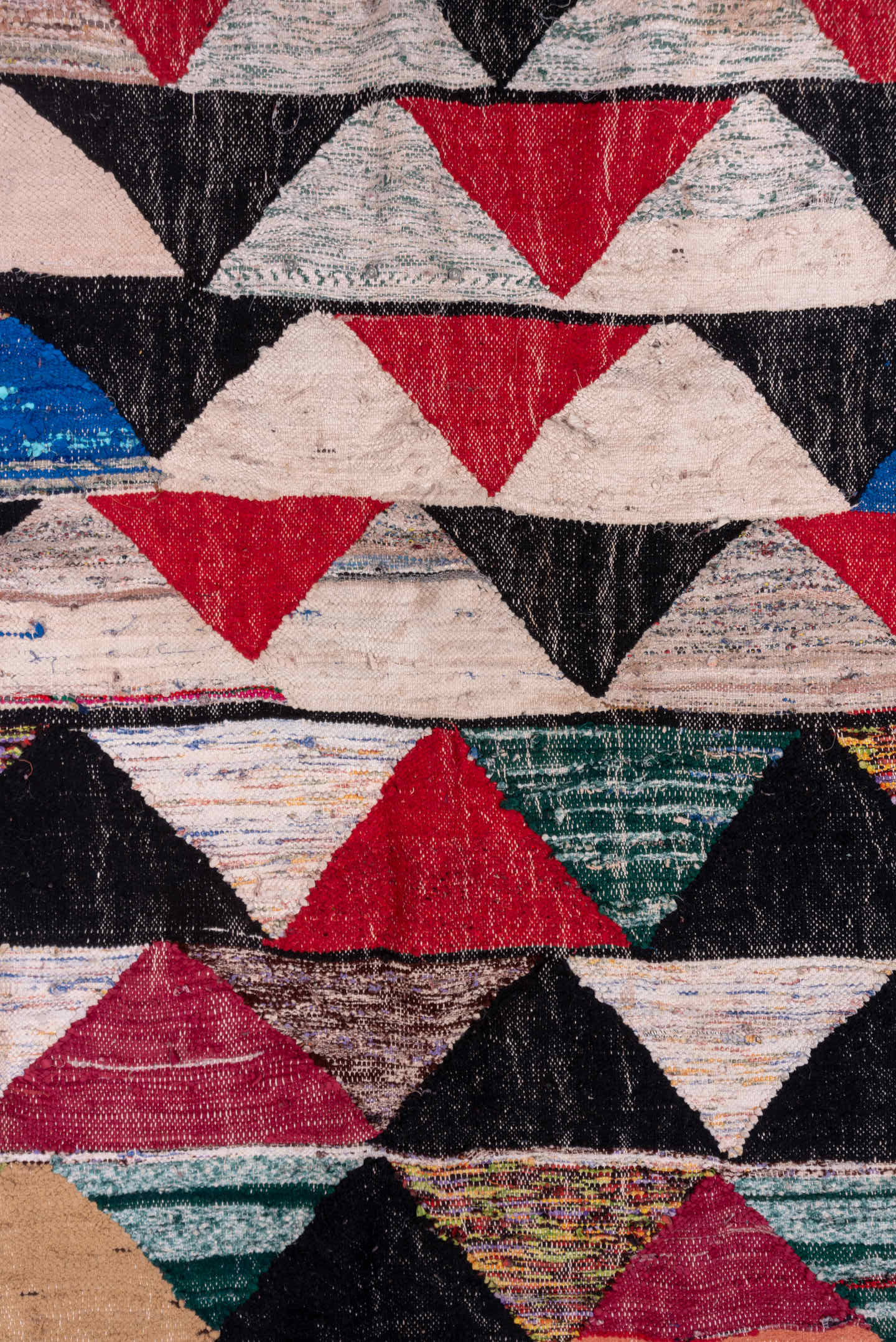 5' x 8' one-of-a-kind handmade vintage Rag Rug medium size rug. Color palette: crimson, ivory, black, blush, cobalt, taupe