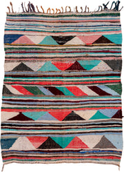4' x 5' one-of-a-kind handmade vintage Rag Rug small size rug. Color palette: ivory, turquoise, charcoal, coral, burgundy