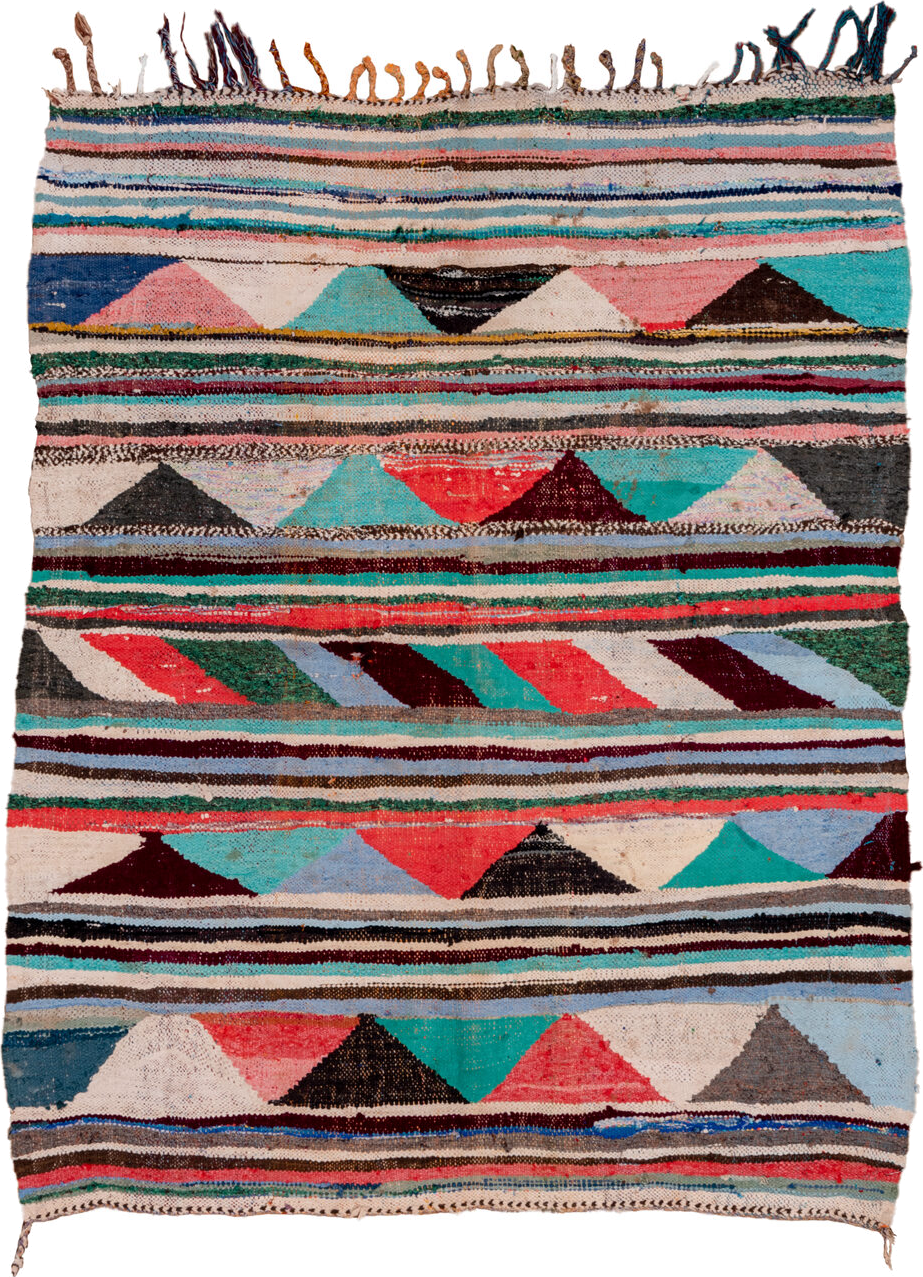 4' x 5' one-of-a-kind handmade vintage Rag Rug small size rug. Color palette: ivory, turquoise, charcoal, coral, burgundy