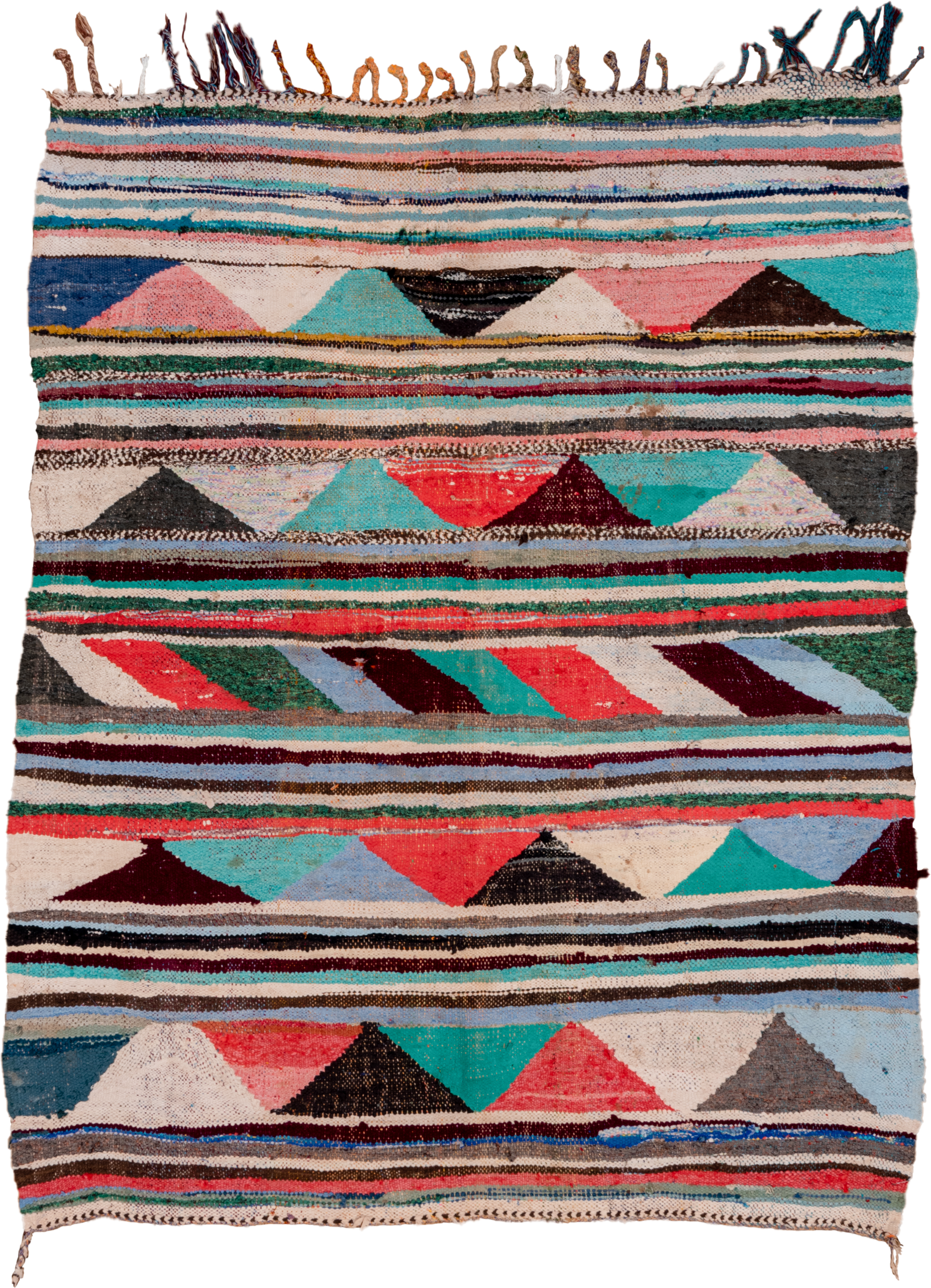 4' x 5' one-of-a-kind handmade vintage Rag Rug small size rug. Color palette: ivory, turquoise, charcoal, coral, burgundy