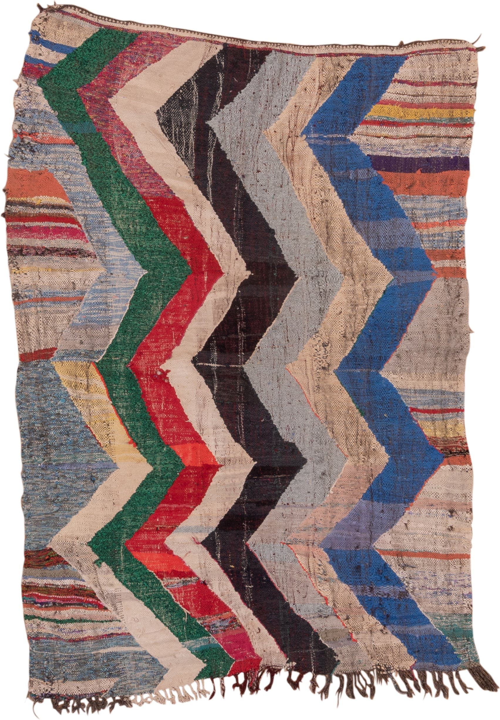 4' x 6' one-of-a-kind handmade vintage Rag Rug small size rug. Color palette: ivory, blue, charcoal, sky_blue, green, red