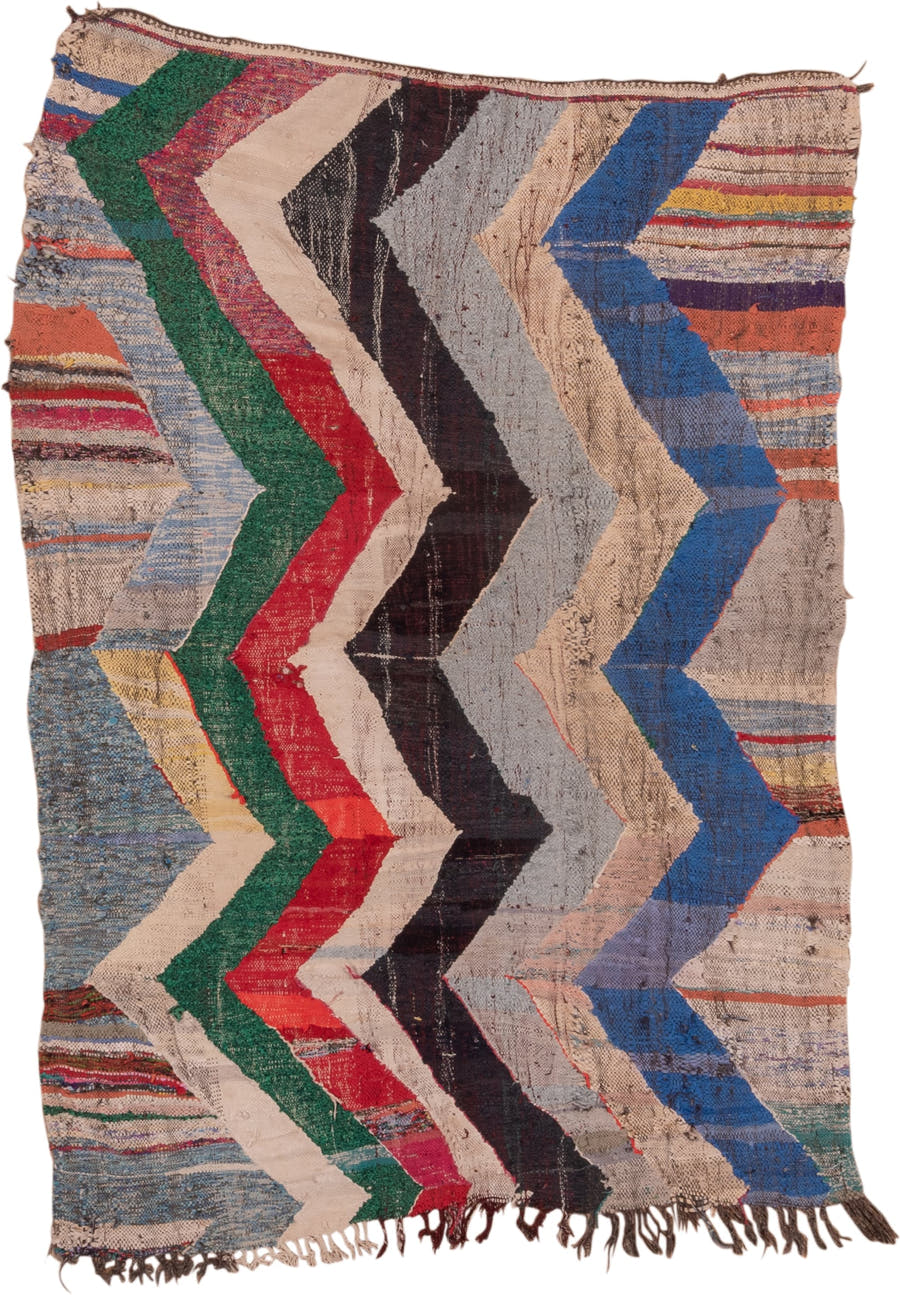4' x 6' one-of-a-kind handmade vintage Rag Rug small size rug. Color palette: ivory, blue, charcoal, sky_blue, green, red
