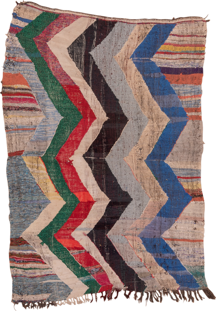 4' x 6' one-of-a-kind handmade vintage Rag Rug small size rug. Color palette: ivory, blue, charcoal, sky_blue, green, red