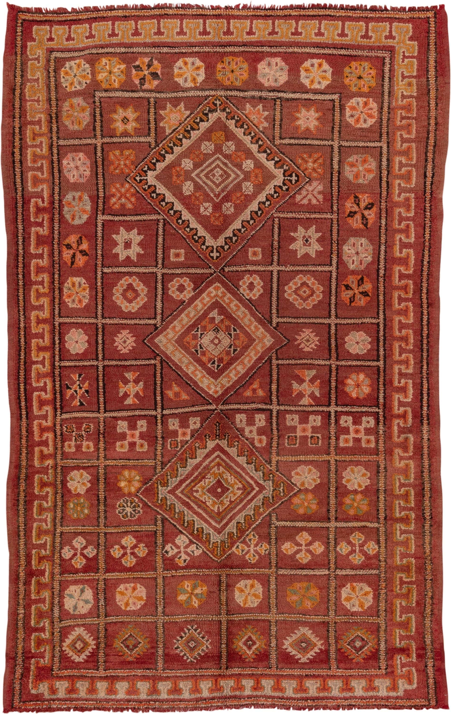 6' x 10' one-of-a-kind handmade vintage Moroccan large size rug. Color palette: terra cotta, rust, rose, ivory, gold, sienna