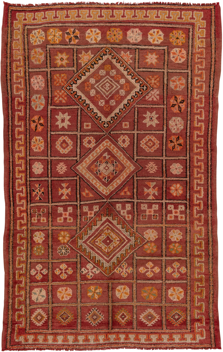 6' x 10' one-of-a-kind handmade vintage Moroccan large size rug. Color palette: terra cotta, rust, rose, ivory, gold, sienna
