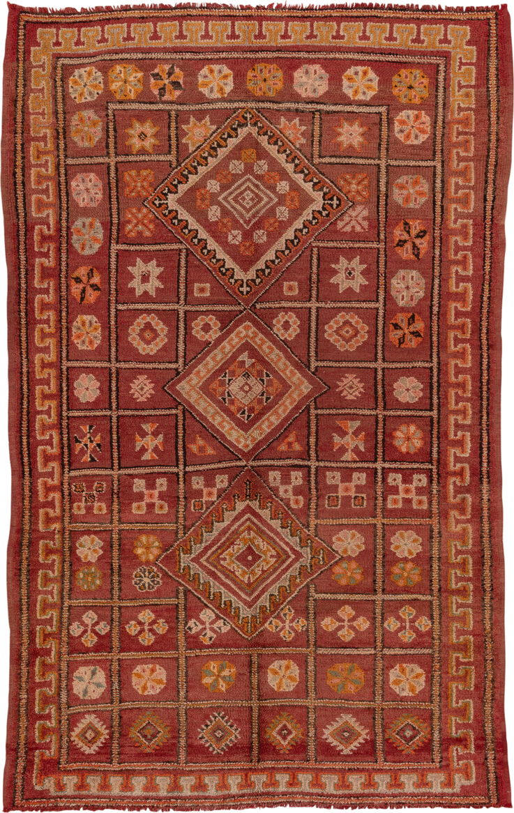 6' x 10' one-of-a-kind handmade vintage Moroccan large size rug. Color palette: brown, pink, red