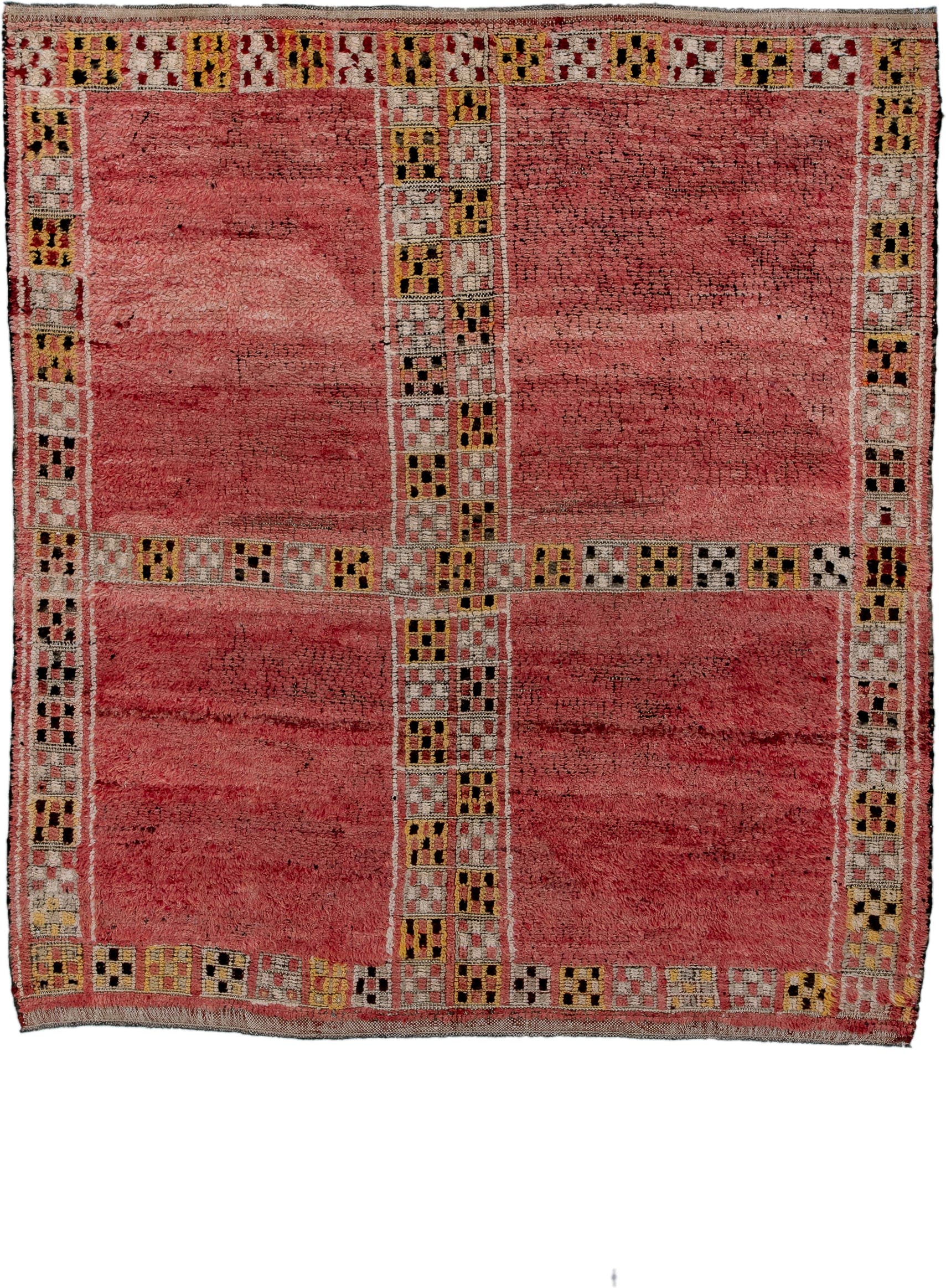 6' x 7' one-of-a-kind handmade vintage Moroccan rug. Color palette: rose, dusty pink, ivory, gold, black, burgundy, pink