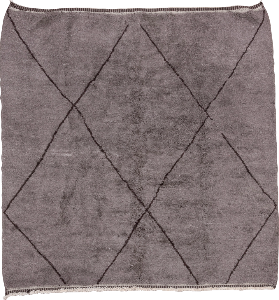 9' x 9' one-of-a-kind handmade vintage Moroccan rug. Color palette: gray, light gray, off-white, pink