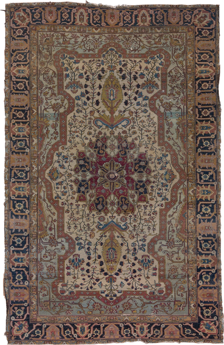 4' x 6' one-of-a-kind handmade antique Mohtasham Kashan small size rug. Color palette: ivory, navy, camel, burgundy, gold