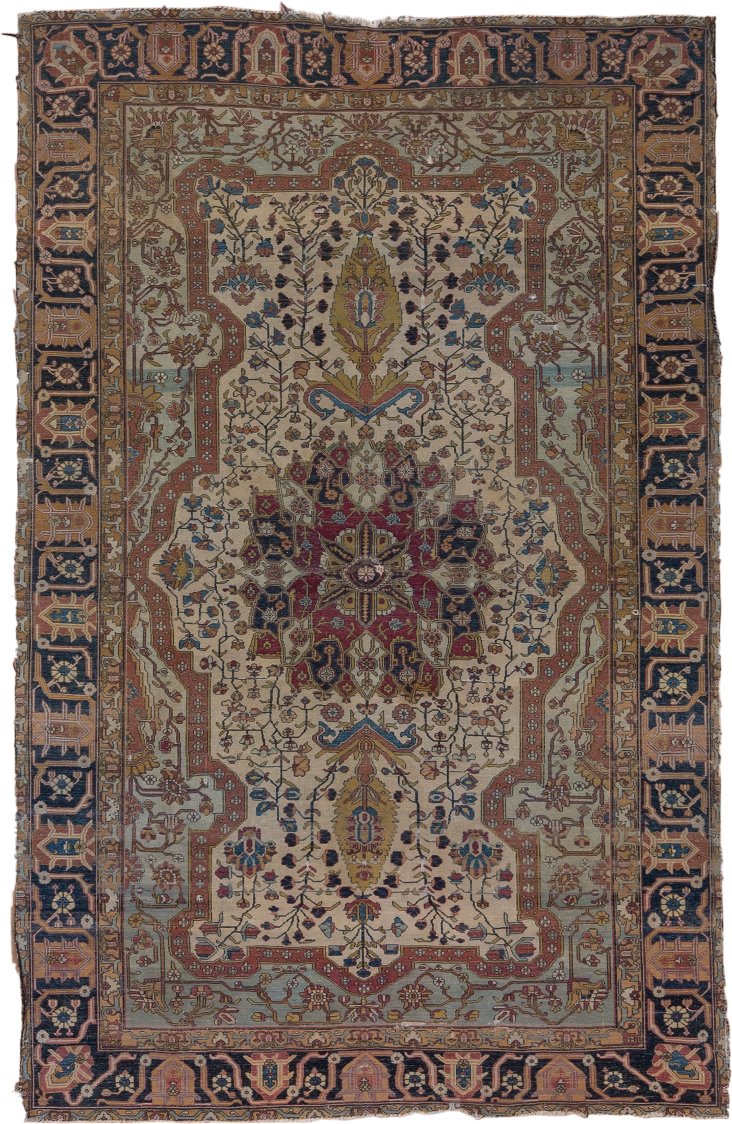 4' x 6' one-of-a-kind handmade antique Mohtasham Kashan small size rug. Color palette: ivory, navy, camel, burgundy, gold